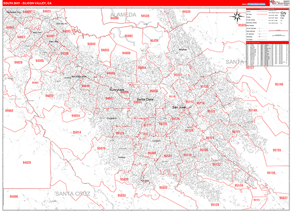 South Bay-Silicon Valley Metro Area Zip Code Wall Map
